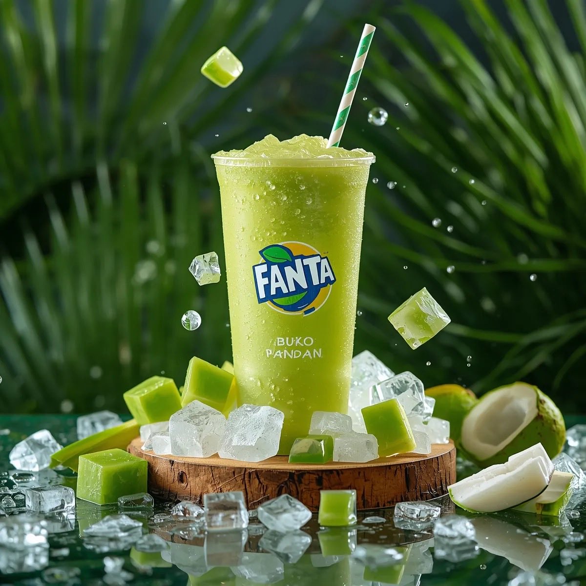 Ultra-realistic commercial product photography of a cold green tropical drink in a transp...