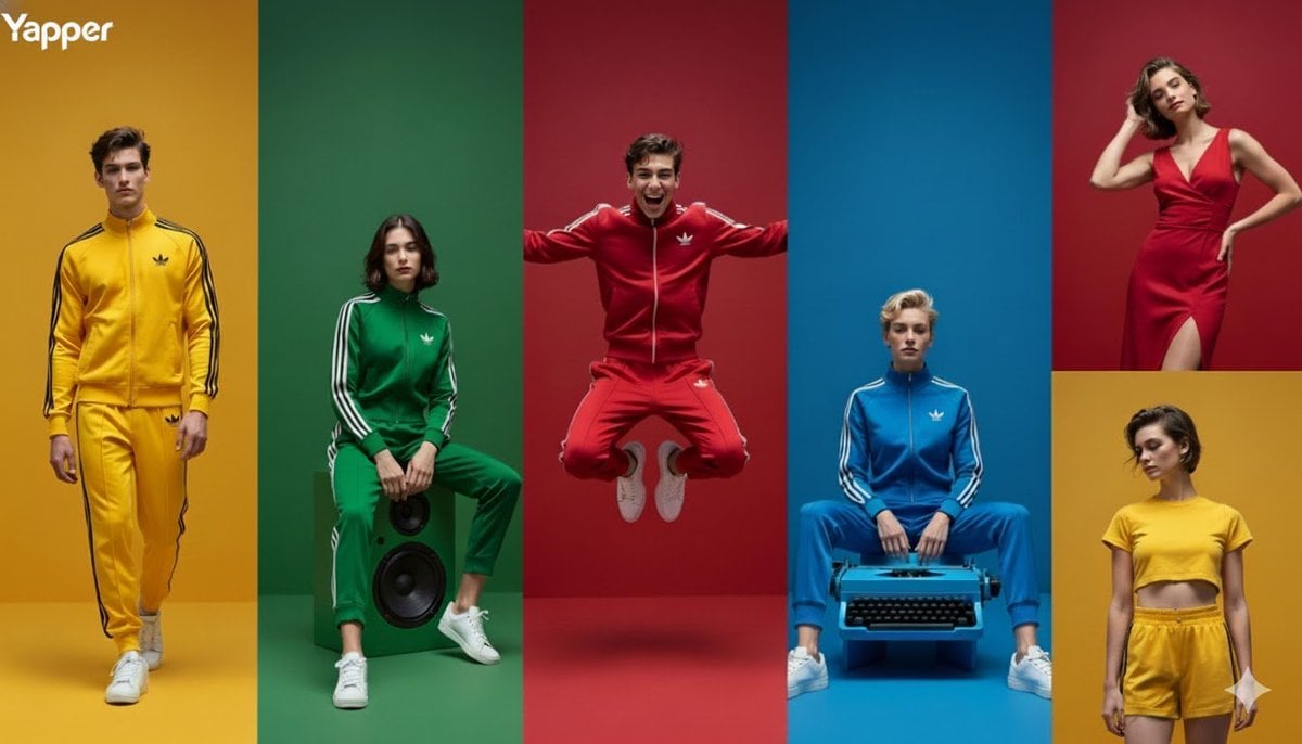 A high-quality, split-screen fashion editorial advertisement featuring multiple panels of...