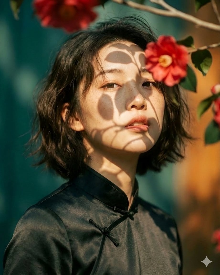 Artistic portrait of an elegant Asian woman wearing a black silk cheongsam (qipao), stand...