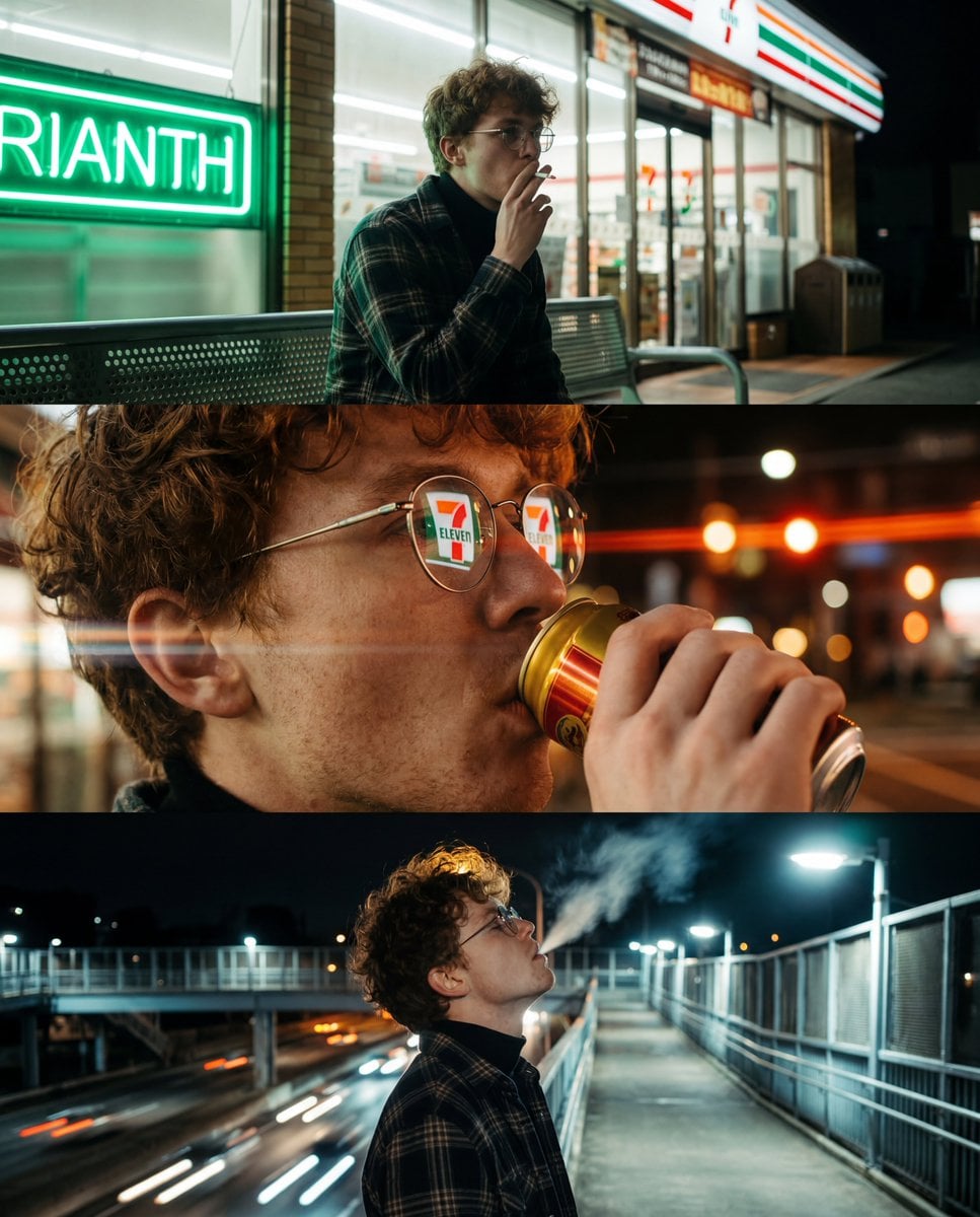 A vertical triptych of three cinematic, night-time urban photographs featuring a young ma...