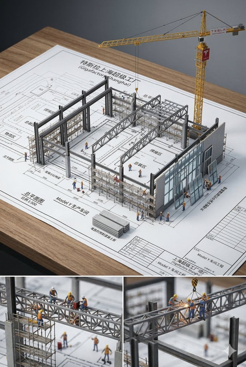 An architectural blueprint of {BUILDING_NAME} placed on a {SURFACE}, with a photorealisti...