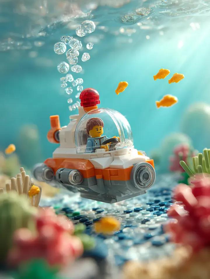 Surrounding the submarine are multiple small bright yellow LEGO fish swimming at differen...