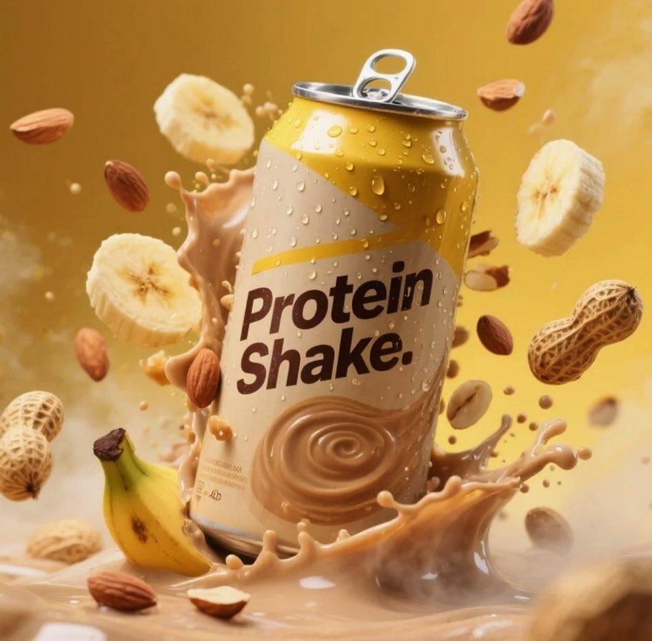 Hyper-realistic product advertisement of a protein shake can with yellow and cream design...