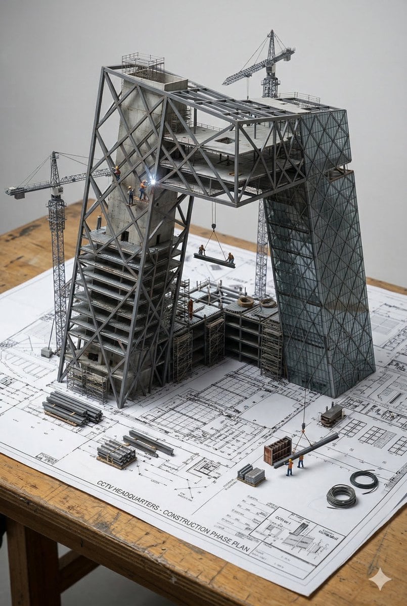 An architectural blueprint of {BUILDING_NAME} placed on a {SURFACE}, with a photorealisti...