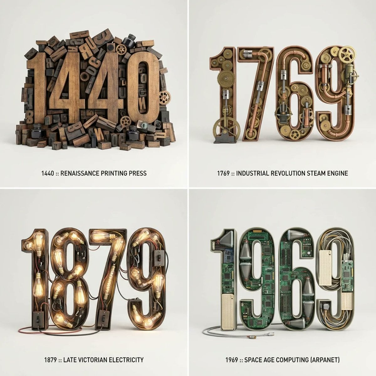 2x2 grid, do this for 4 important years in history and their most important inventions {...