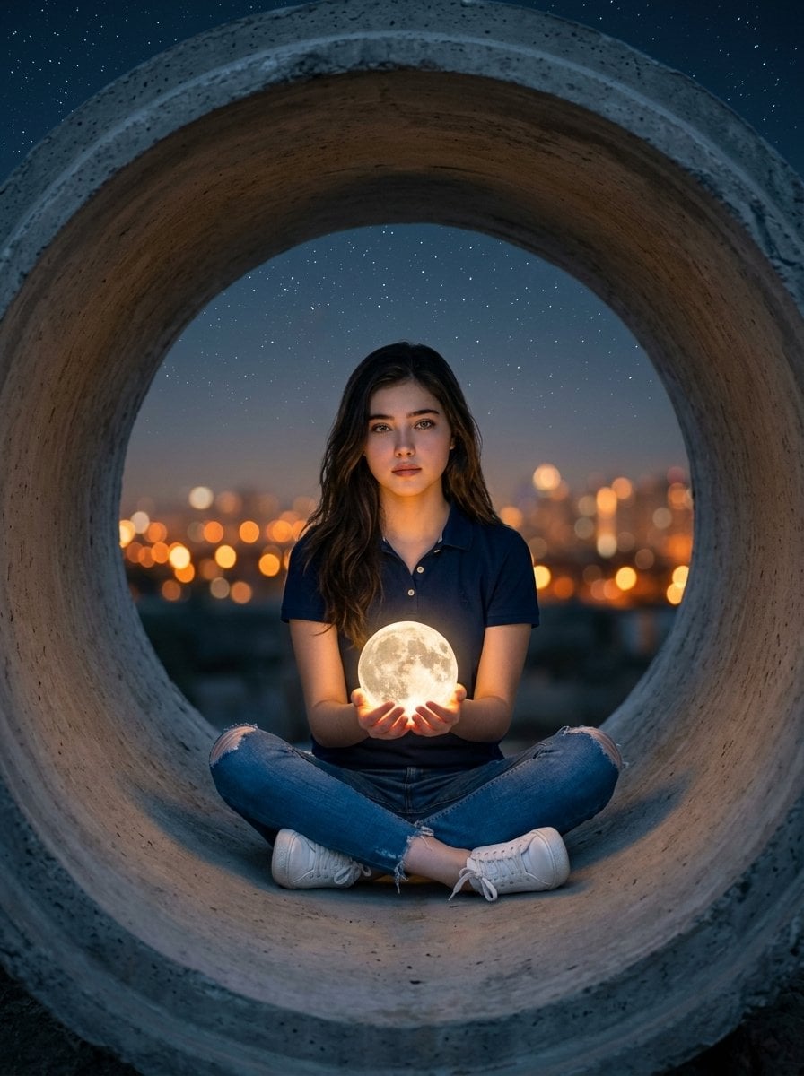 Hyper-realistic surreal photography of a woman sitting inside a massive, rough concrete p...