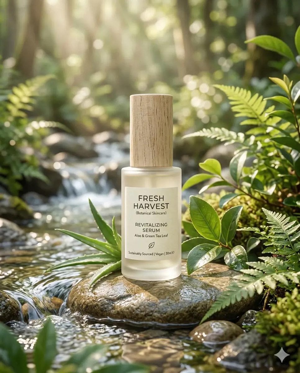 Eco-Friendly Skincare Product “Minimalist skincare bottle made of frosted glass, placed i...