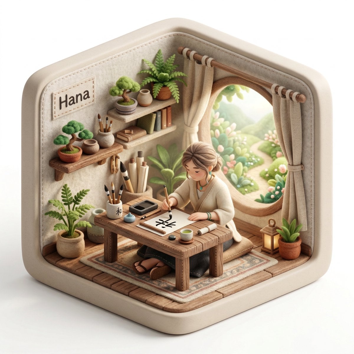 Create a 3D isometric diorama illustration of an original character named [CHARACTER NAME...