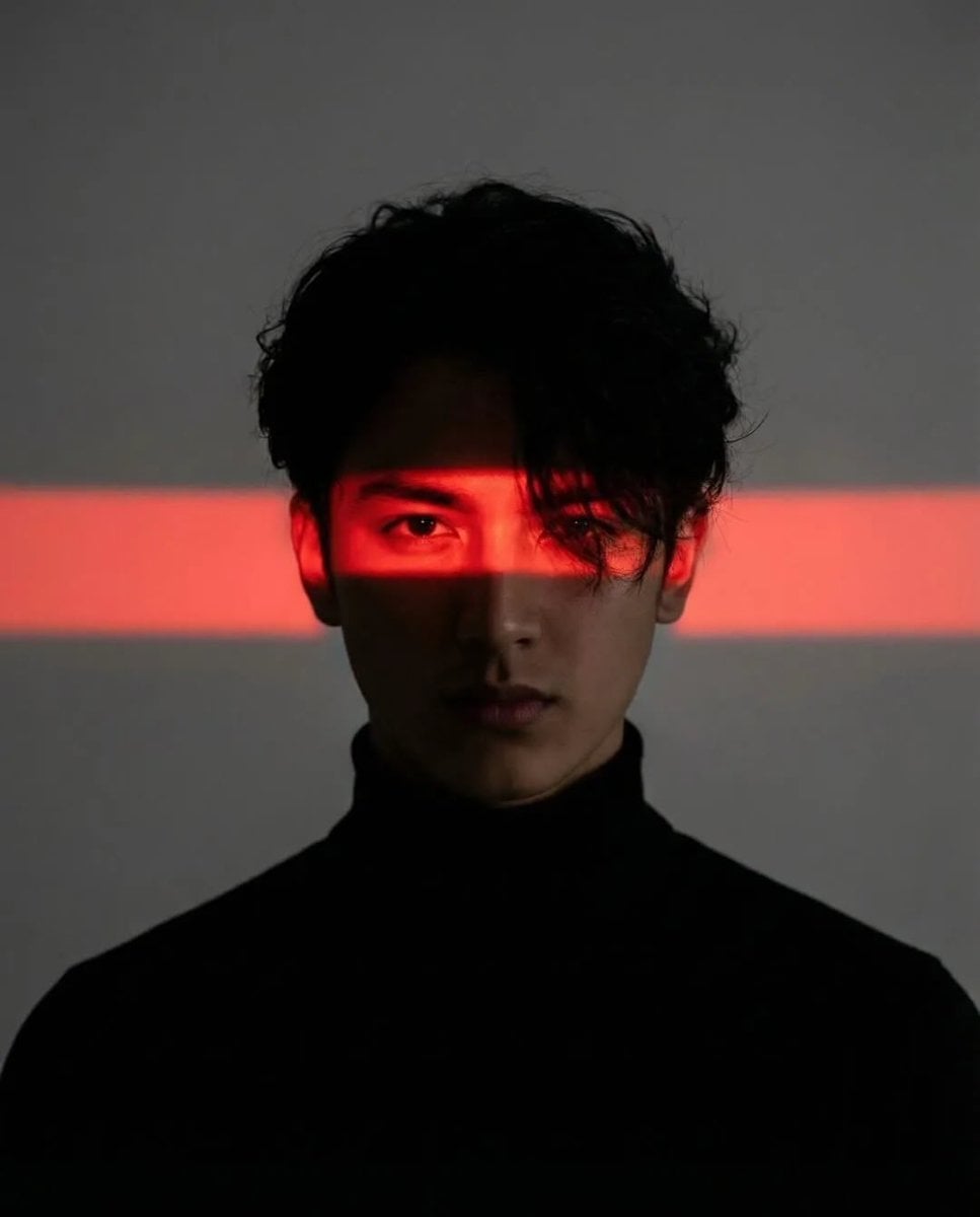 Cinematic studio portrait of a young man with messy textured hair, wearing a black turtle...