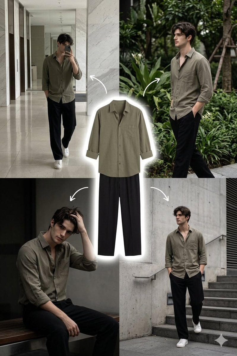 A stylish young man with medium-length wavy dark hair and a clean face, wearing a muted o...