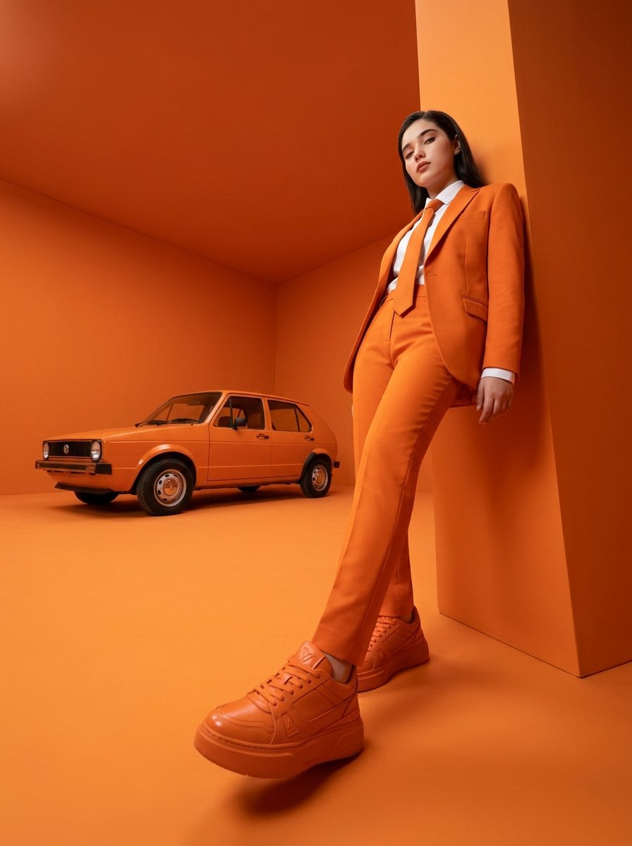 High-fashion editorial photography of a woman with the uploaded face as reference, leanin...