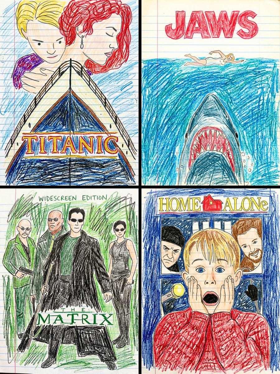 Transform this movie poster into a child’s crayon drawing on lined notebook paper. Every ...