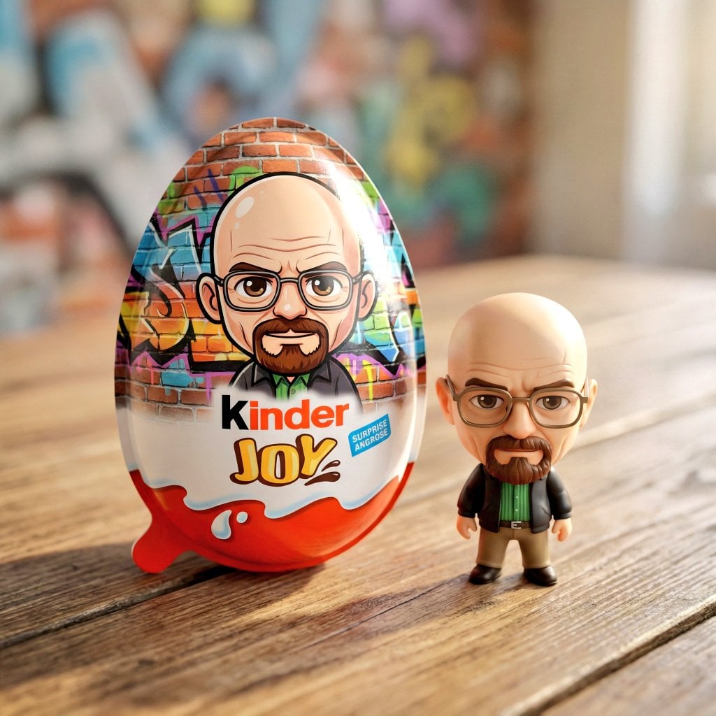 A hyper-realistic product photo of a Kinder Joy surprise egg sitting on a wooden table. T...