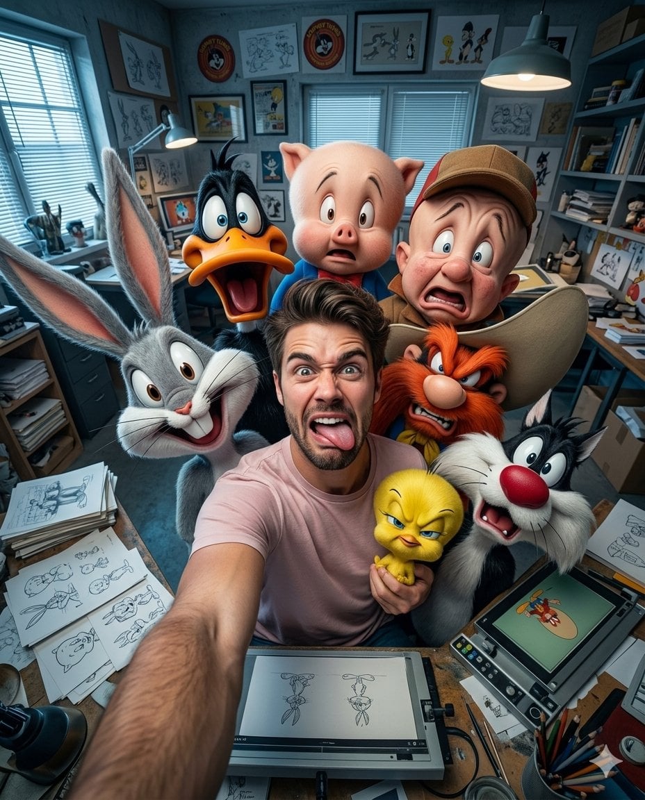 Ultra-realistic 4:5 vertical format ultra wide angle 13mm selfie of me with Bugs Bunny, D...