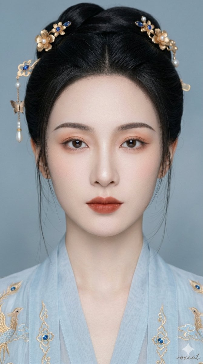 东方古风清雅女性正面肖像,超近景贴脸特写,人物正面面对镜头,头部端正,视线直视镜头,脸部几乎充满画面,构图集中,双眼位于视觉中心,整体呈现强烈的人脸主导感。