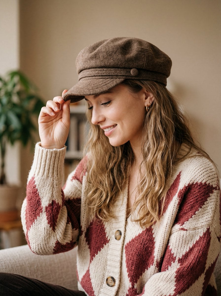 A warm, cozy, and high-quality portrait of a young woman with long, wavy blonde-brown hai...