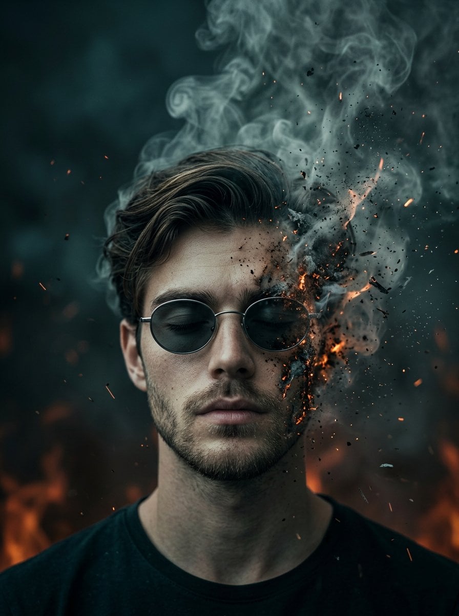 A surreal cinematic portrait of a young man with oval sunglasses, eyes closed, calm expre...