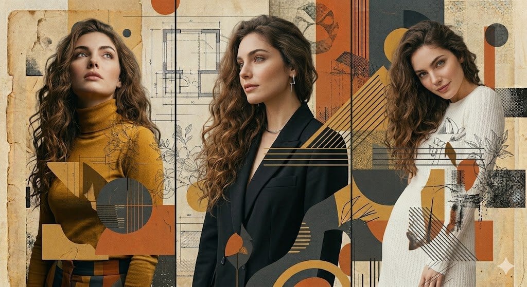 A high-resolution, photorealistic three-panel composition featuring a woman with long, vo...