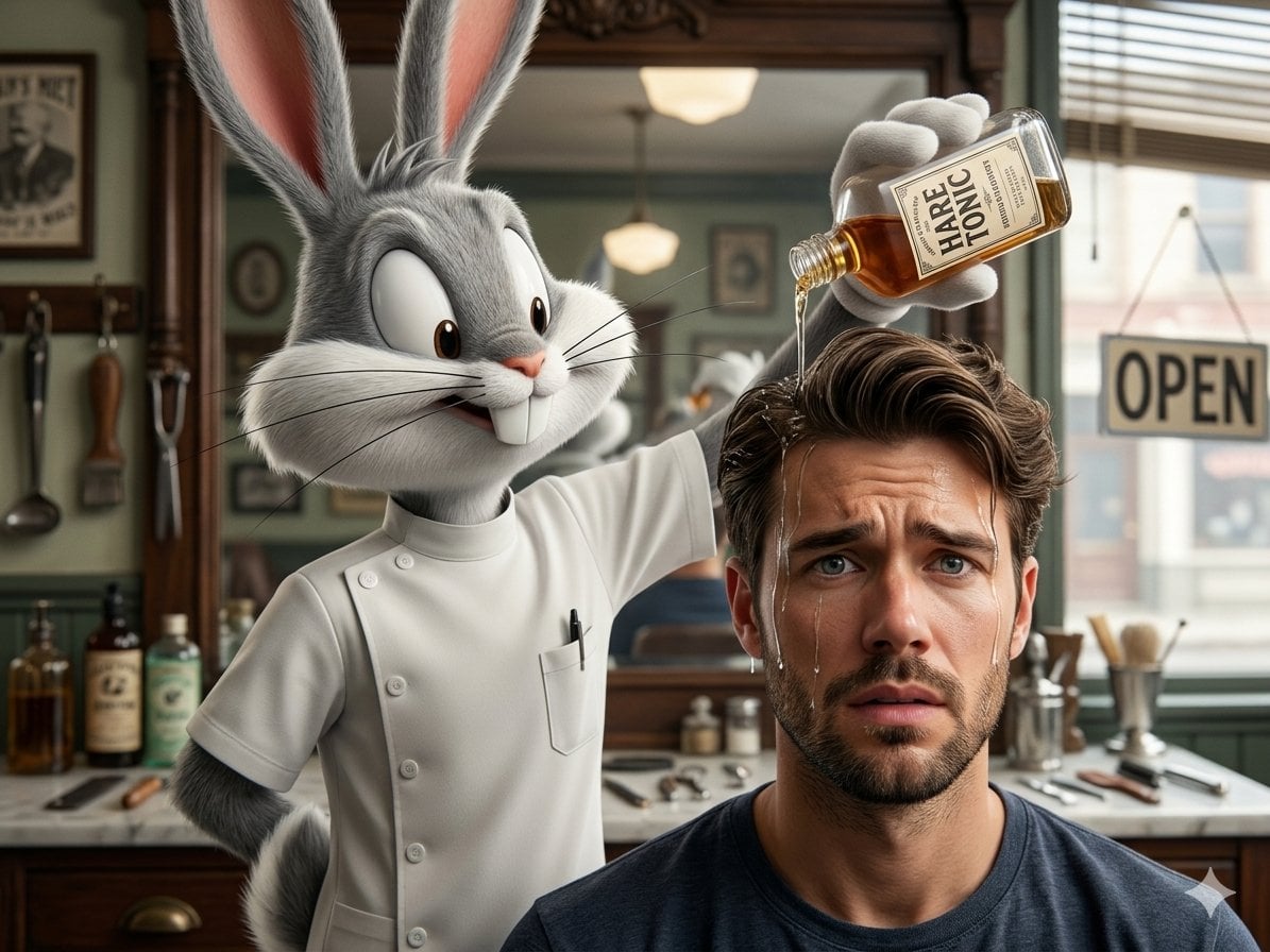 Cinematic 8k hyper-realistic close-up shot. A 3D realistic Bugs Bunny, faithful to his cl...