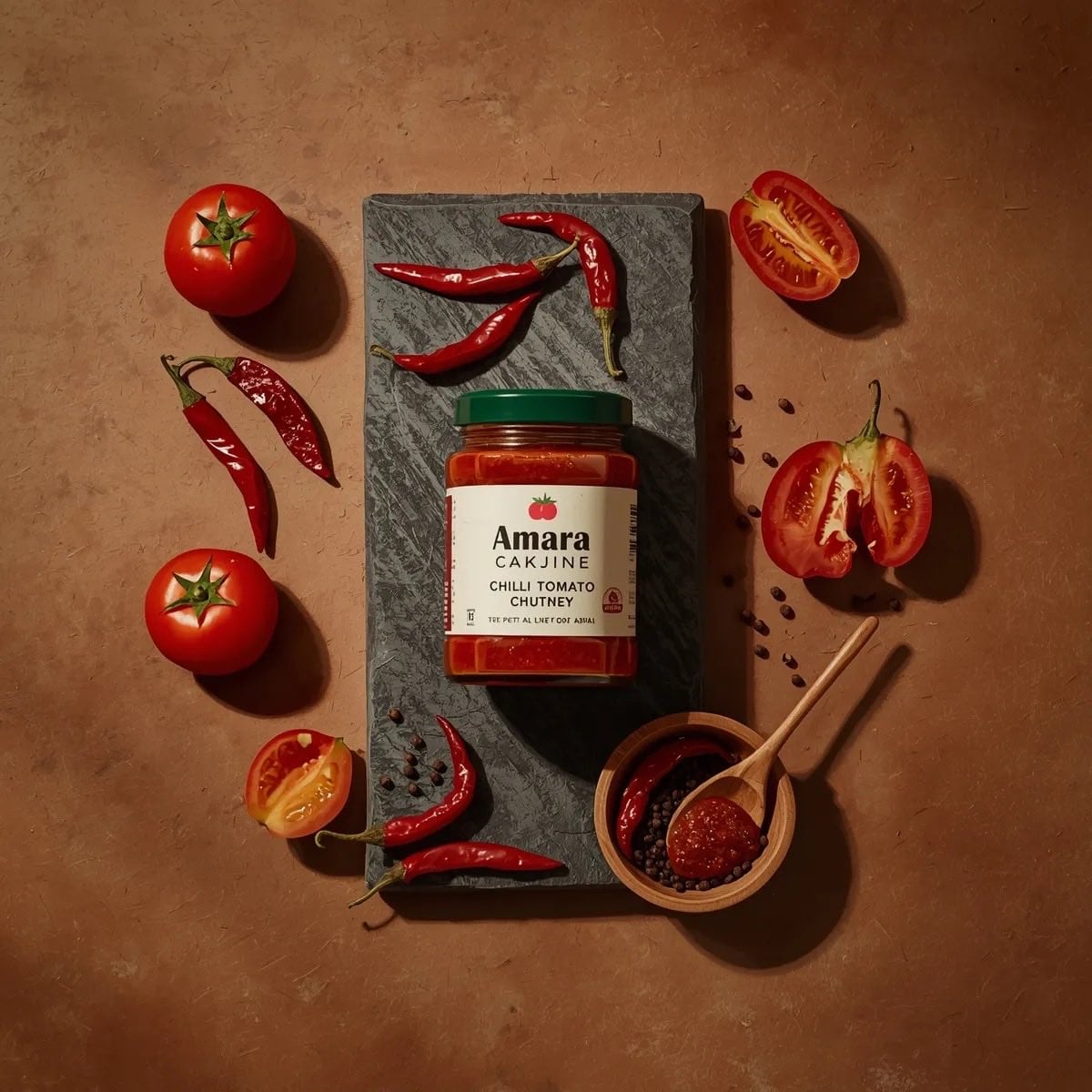 Top-down premium food photography of a glass jar of chili tomato chutney placed on a dark...
