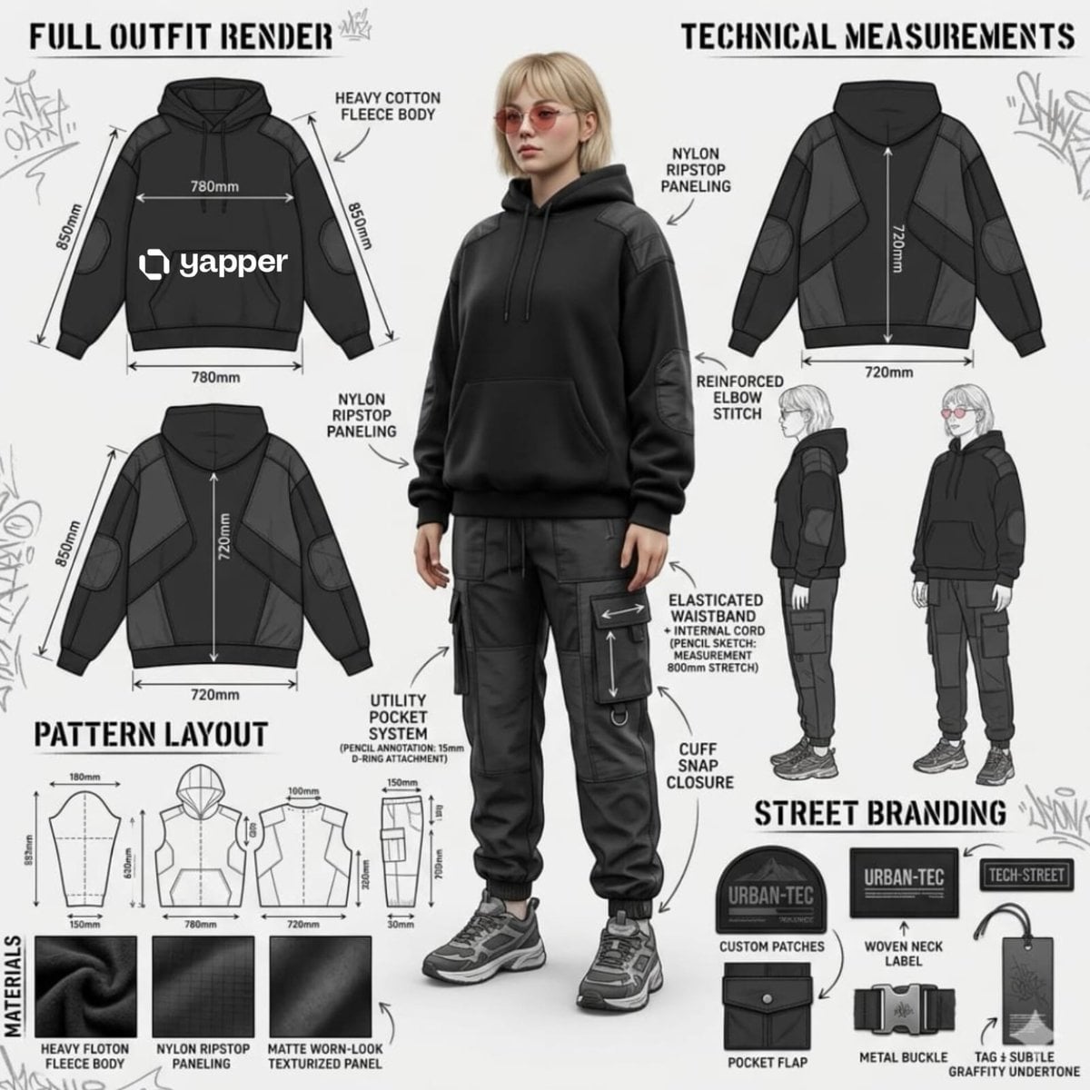 Using the attached image, create a professional industrial fashion design illustration sh...