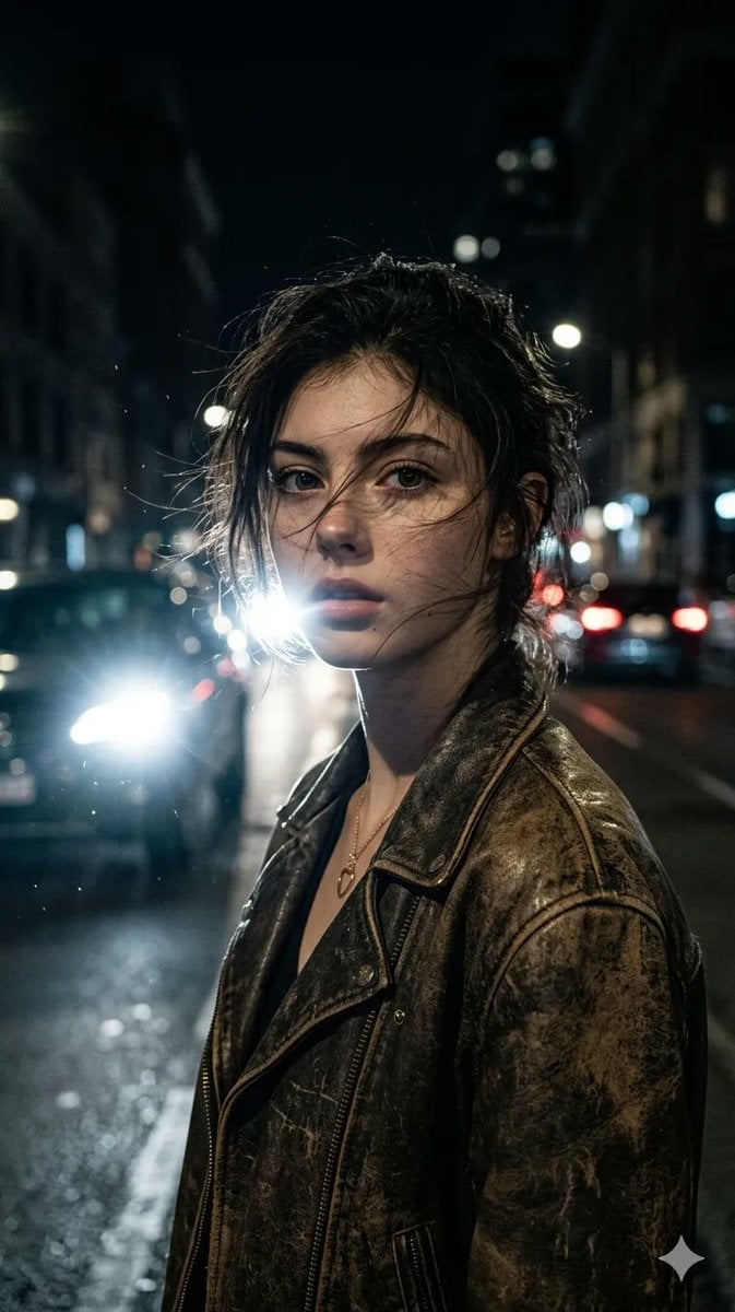 Ultra-realistic portrait of a woman (from uploaded image), messy hair slightly windswept,...