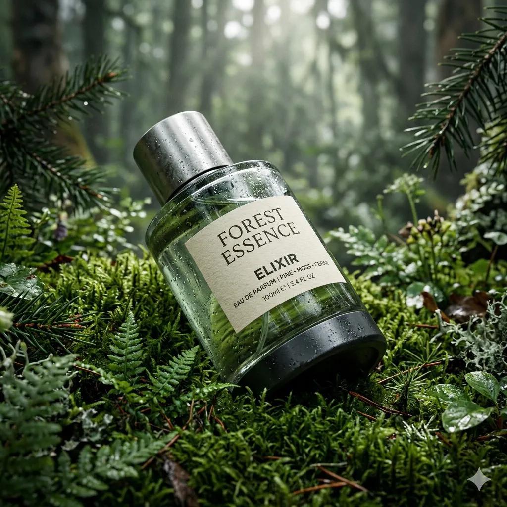Ultra-realistic premium fragrance product shot of a perfume bottle (Forest Essence Elixir...