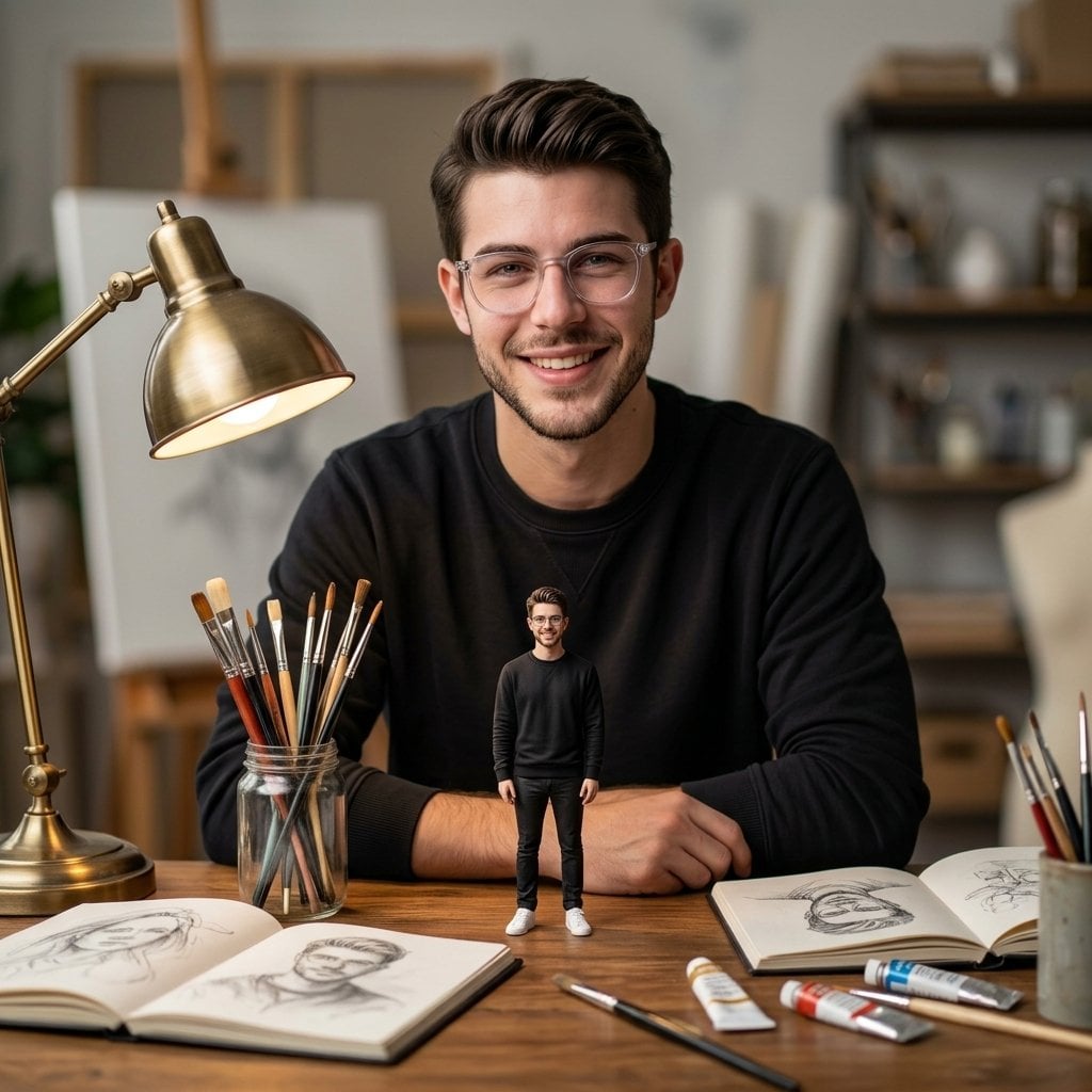 Ultra-realistic cinematic portrait of a young man sitting at a wooden desk in a cozy art ...