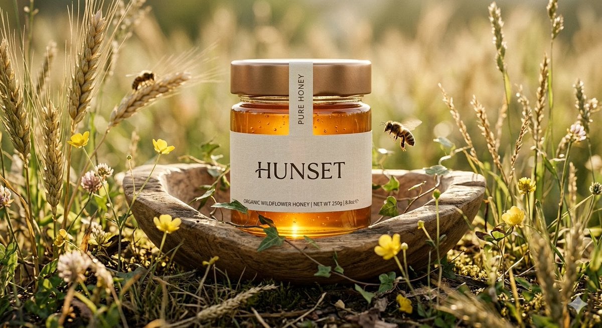 Ultra-realistic cinematic product shot of a premium honey jar placed inside a shallow woo...