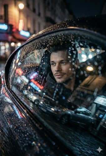 A low-angle, cinematic close-up shot looking through a rain-slicked car window. Inside th...