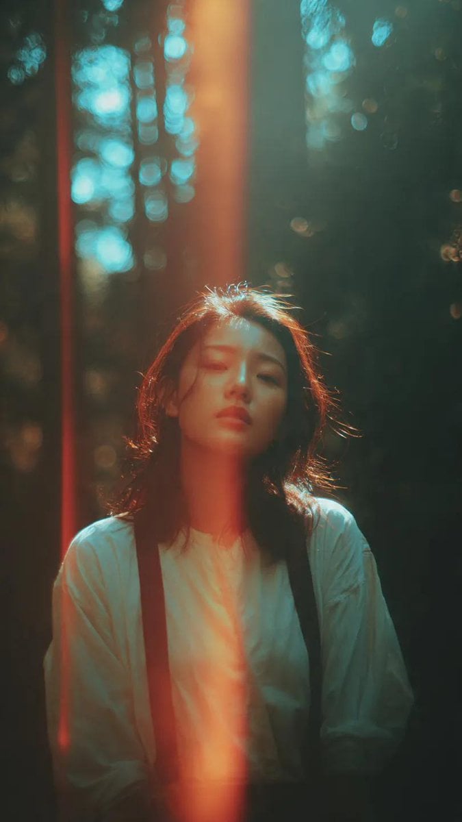 A cinematic portrait of an Asian woman standing in a quiet forest, captured in a spontane...