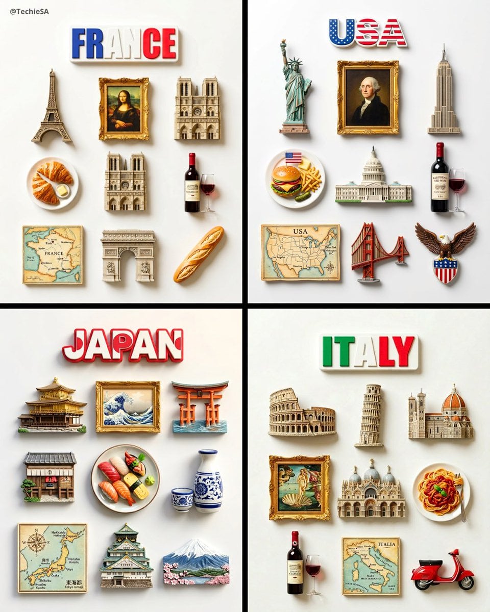 A flat-lay collection of exactly 9 hyper-realistic 3D resin fridge magnets arranged on a ...