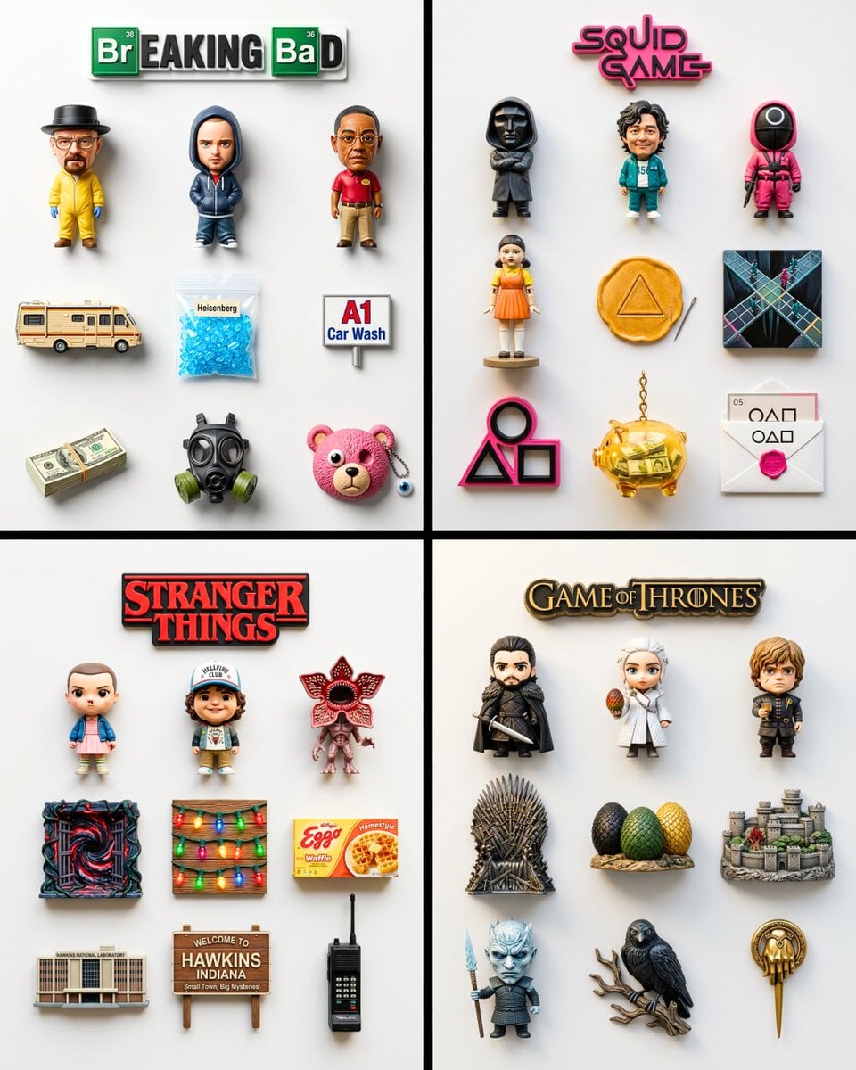 A flat-lay collection of exactly 9 hyper-realistic 3D resin fridge magnets arranged on a ...