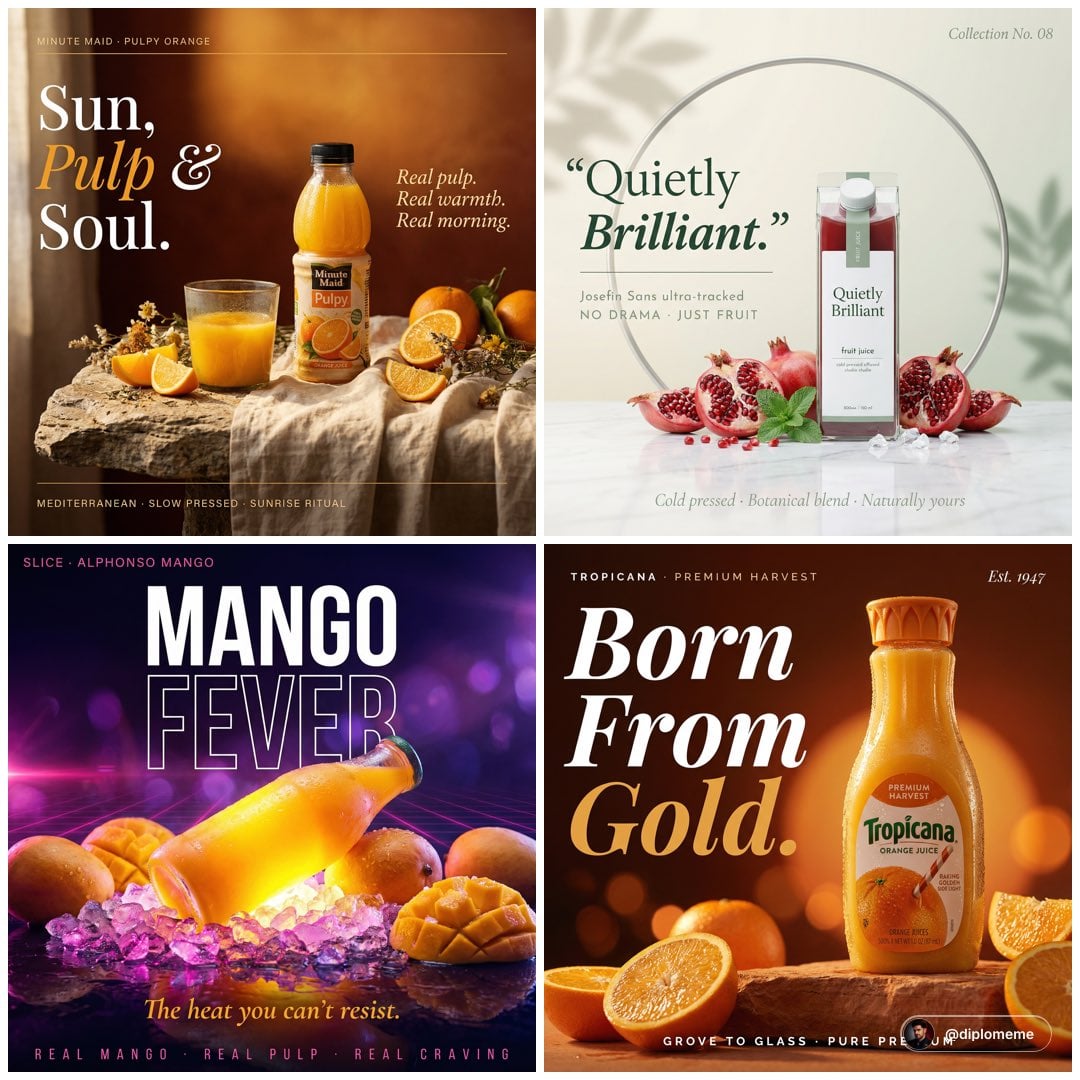 High-end cinematic campaign poster. A Minute Maid Pulpy orange bottle positioned off-cent...