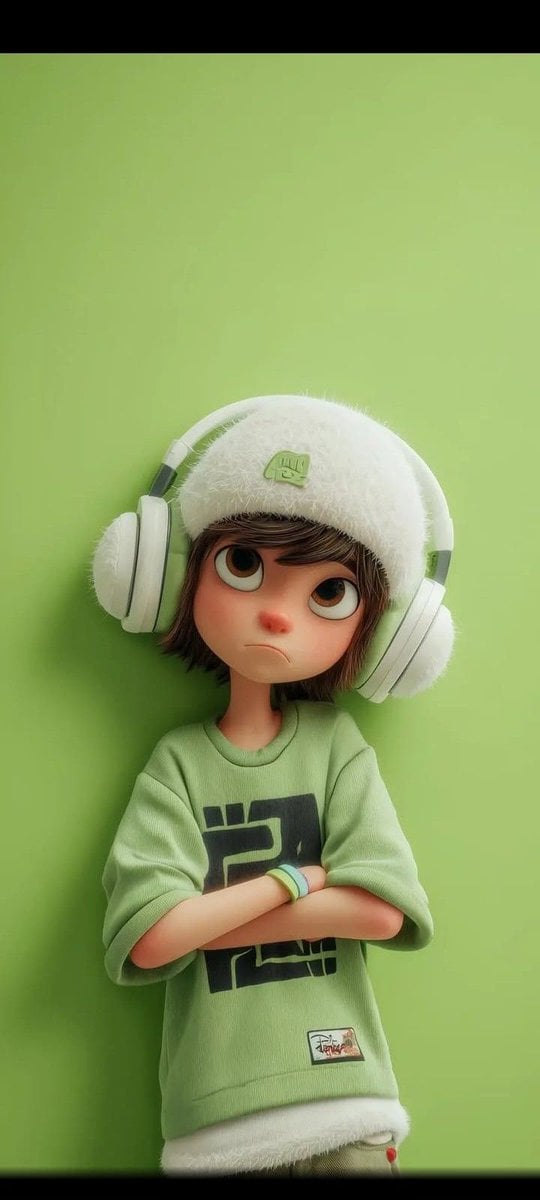 A stylized 3D cartoon character of a young boy with big expressive eyes and a slightly sa...
