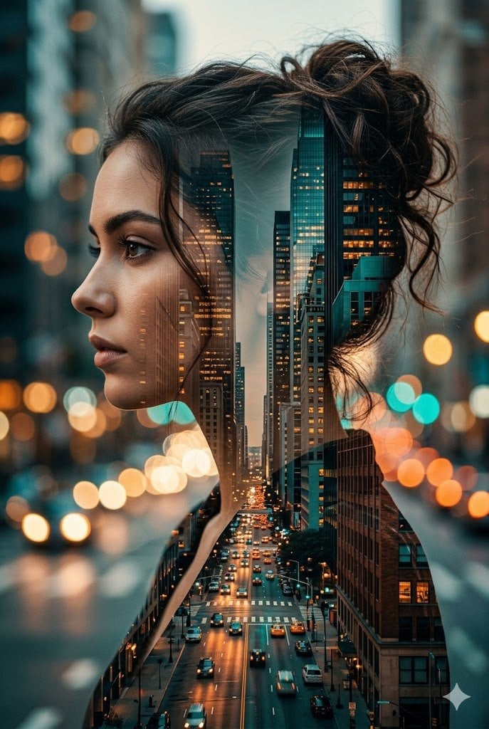 A cinematic double exposure portrait of a young woman hollywood actress in profile, her h...