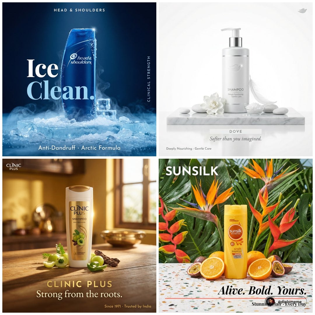 Hyper-realistic luxury product campaign poster, 1:1 square format. brand name shampoo bot...