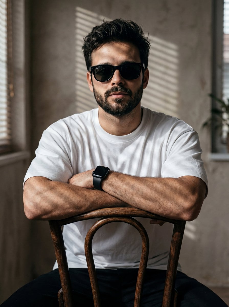 A high-resolution, cinematic portrait of a young man with messy, voluminous dark hair and...