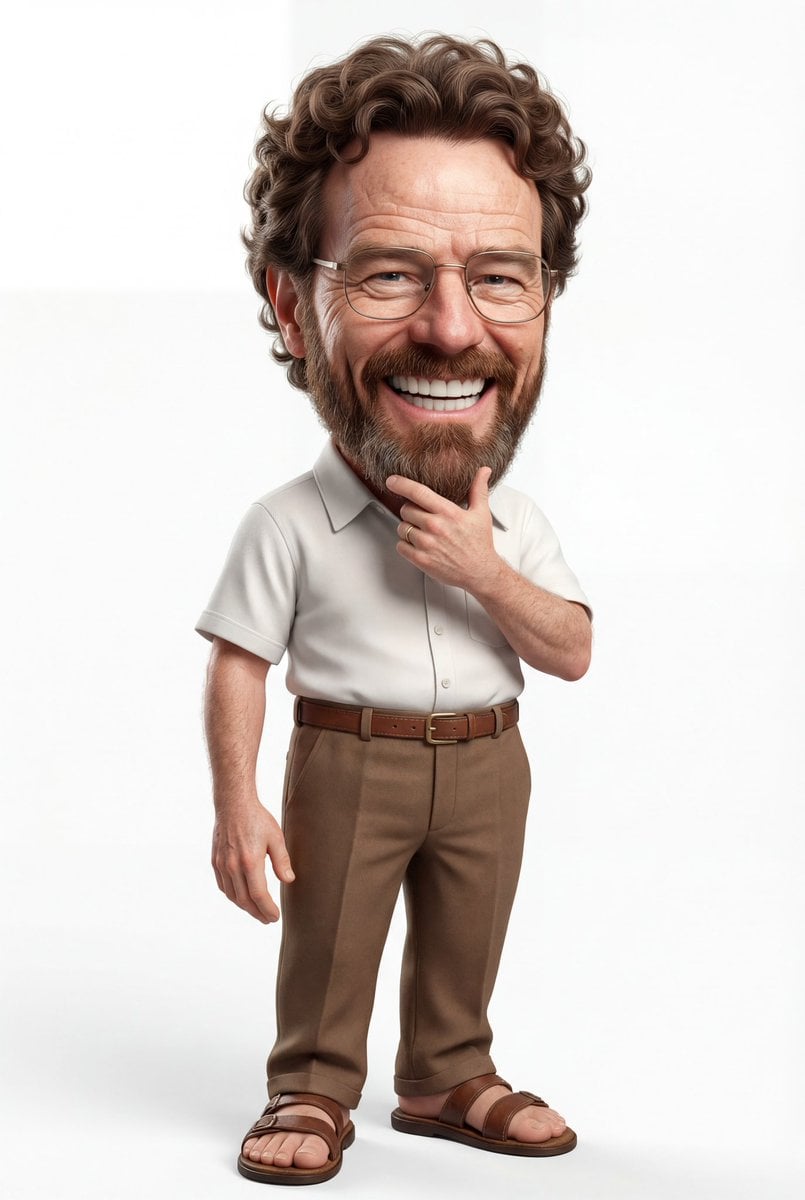 A highly detailed 3D caricature of a cheerful man with an oversized head, a big smile sho...