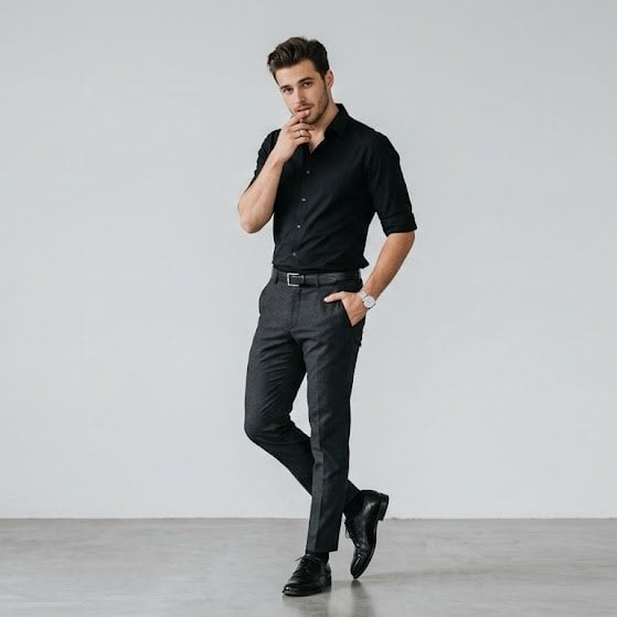 Full-body portrait of a stylish young man standing against a plain light gray background,...