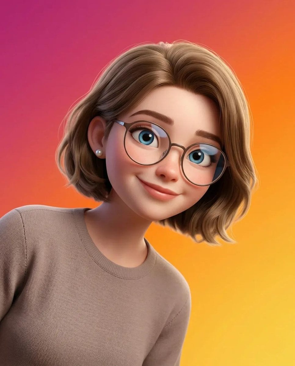 A stylized Pixar-style 3D portrait of a young person with smooth skin, large expressive b...