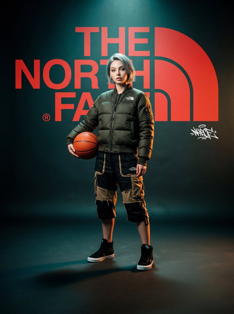 A high-fashion, cinematic brand concept poster for "The North Face." The scene features a...