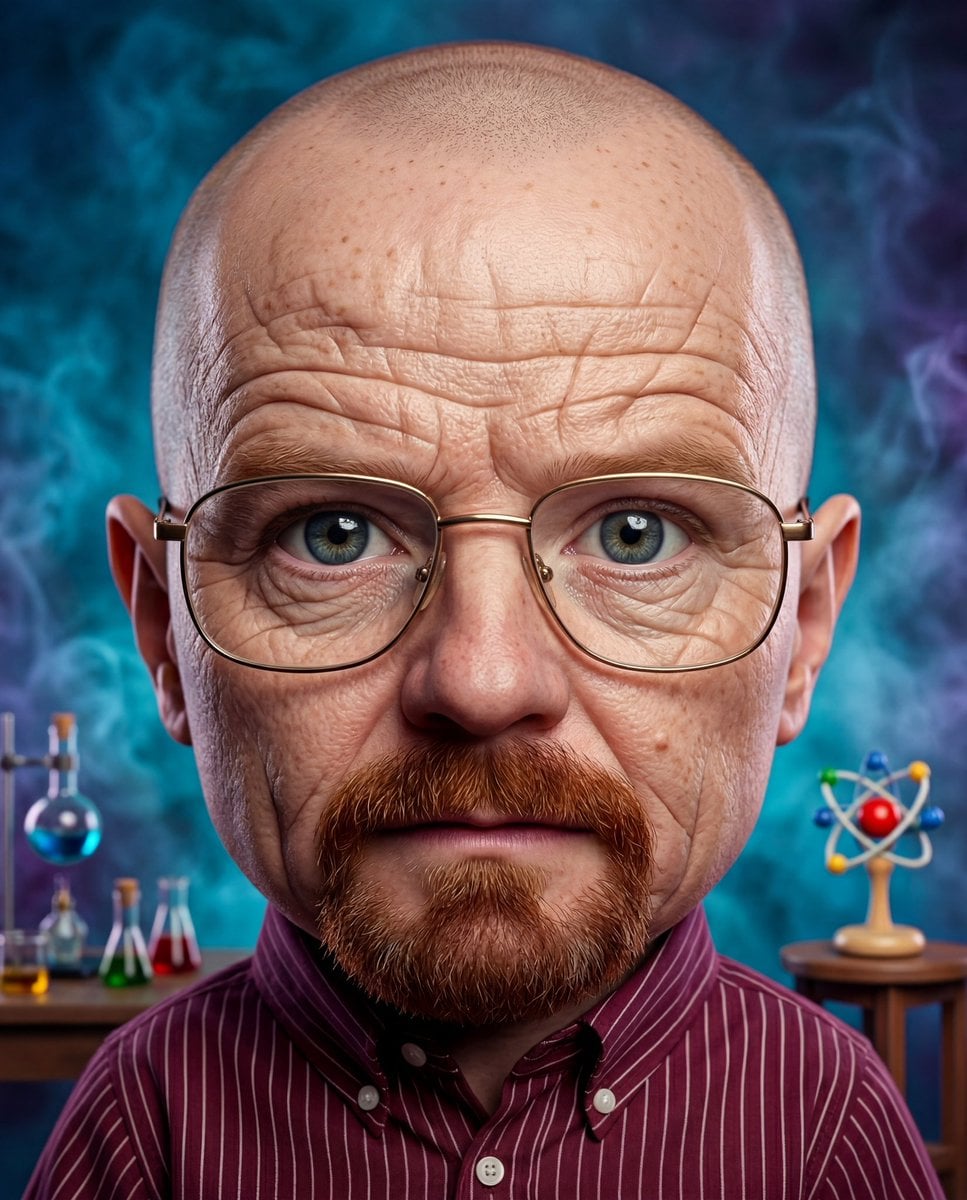 Hyperrealistic baby @ image in a caricature style, with exaggerated facial features, fine...