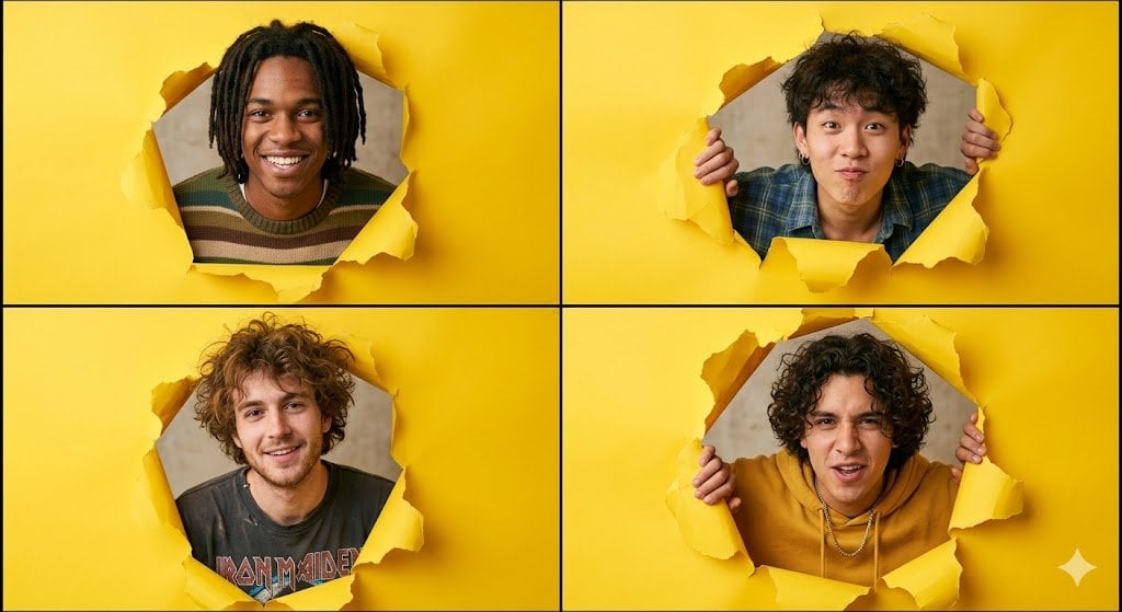 A high-resolution 2x2 grid collage of four individual portraits. In each square, a differ...