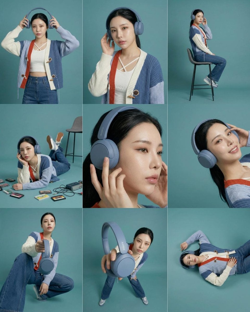 3×3 storyboard grid, nine panels, same subject and outfit, consistent teal studio backgro...