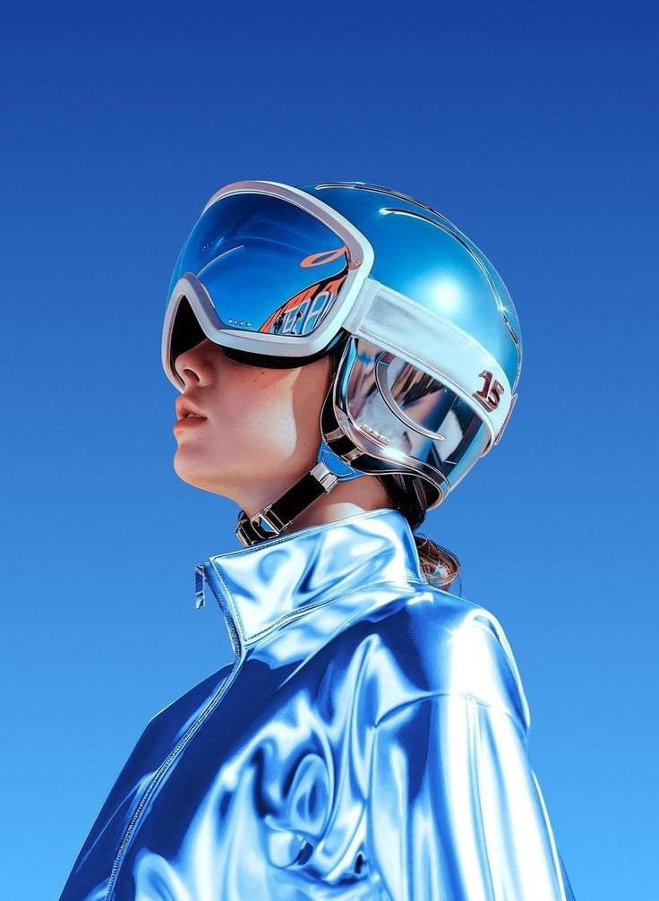Ultra-realistic futuristic portrait of a young woman in side profile facing left, wearing...