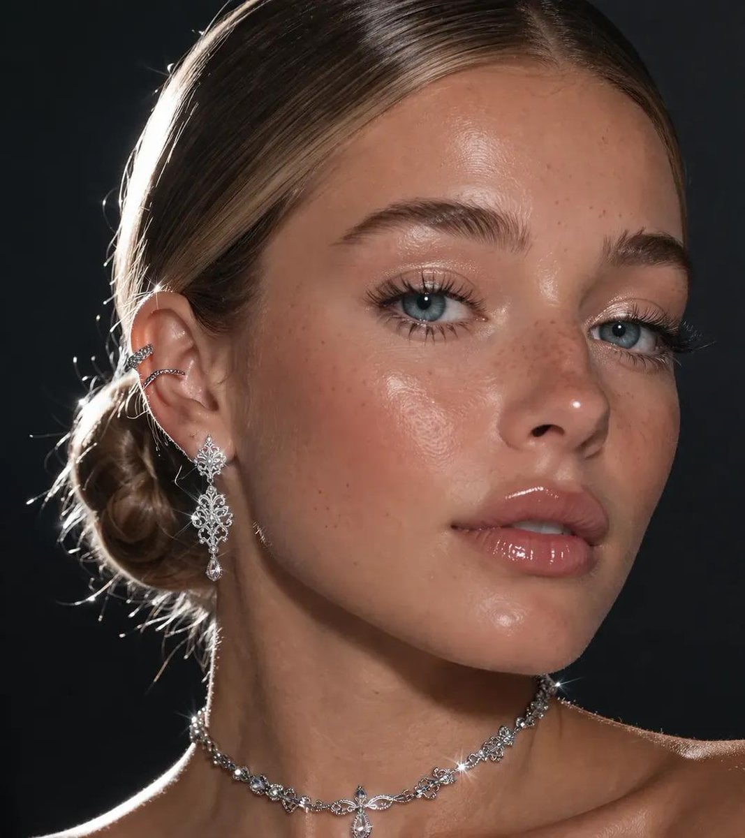 An extreme close-up focusing on a pretty lady's face and neck. She has blue eyes, she is ...