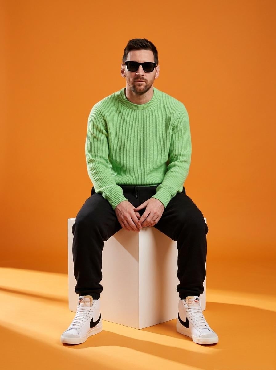 A stylish male model sitting on a white cube in a minimalist studio with a vibrant orange...