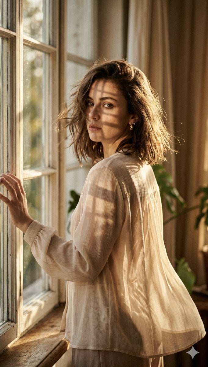 A high-fashion editorial portrait of a young woman standing by a large, rustic wooden win...