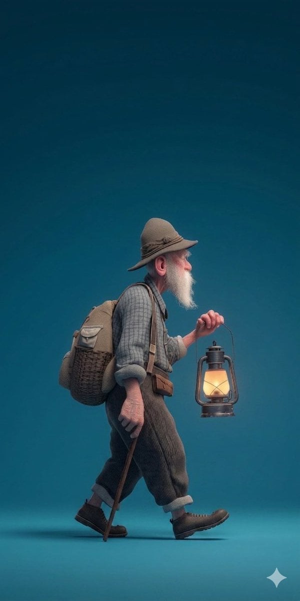 A stylized 3D rendered full-body profile portrait of an elderly male hiker with a long w...